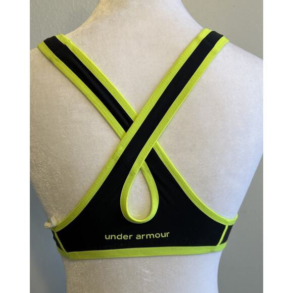 Under Armour Women's 32B Made For Me Heat Gear Sports Bra Black Neon Yellow - Picture 2 of 8